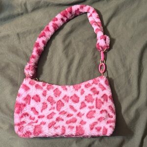 Pink Faux Fur Leopard Print Shoulder Bag